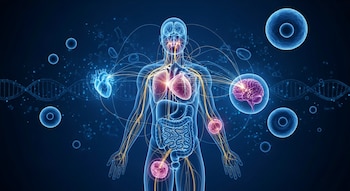 Silueta humana transparente con órganos internos conectados por líneas brillantes. Se ven estructuras de ADN, células y cerebros, con tonos azules, violetas y dorados.