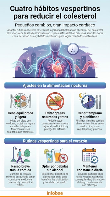 Ilustración de torso humano con corazón y venas; ciudad nocturna y reloj. Iconos de plato con comida, hamburguesa tachada, reloj, persona caminando, bebidas, calendario.