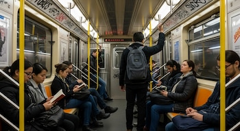Personas sentadas y de pie dentro de un vagón del metro de Nueva York, algunas leyendo o usando móviles.