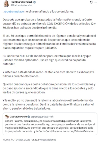 Paloma Valencia contestó a Petro por acusarla de ayudar con estafadores - crédito @PalomaValenciaL/X
