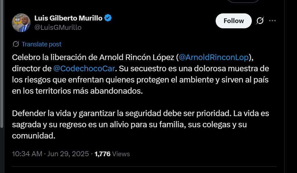 Excanciller celebró su liberación después de 2 meses secuestrado - crédito @LuisGMurillo/X