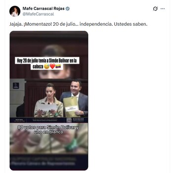 María Fernanda Carrascal llamó “Simón Bolívar” a Simón Molina durante la instalación del Congreso de Colombia del 20 de julio - crédito @MafeCarrascal/X