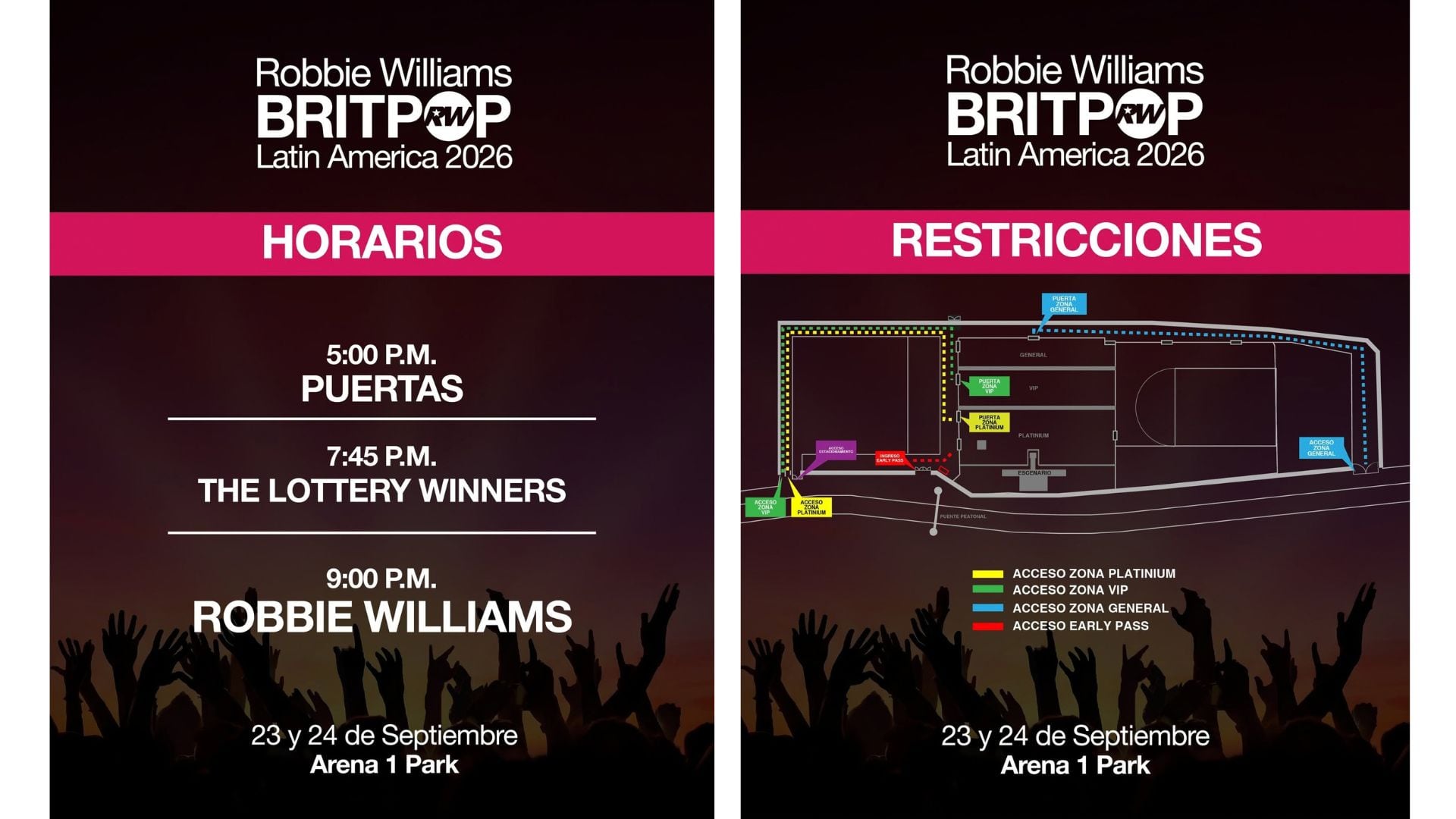 Dos afiches informativos detallan los horarios y la distribución de accesos para las presentaciones de Robbie Williams el 23 y 24 de septiembre en Arena 1 Park, Perú. (One Entertaiment)