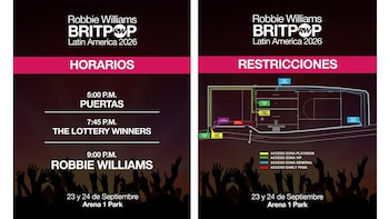 Dos carteles sobre los conciertos de Robbie Williams con itinerario de horarios y un mapa de distribución de accesos al recinto