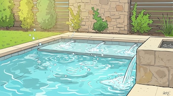 Piscina exterior siendo llenada con agua clara desde múltiples chorros y una fuente. Rodeada de césped, plantas y muros de piedra.