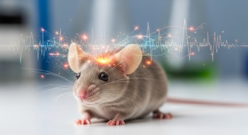 Primer plano de un ratón de laboratorio gris-marrón sobre una superficie blanca, con chispas de luz y patrones de ondas eléctricas vibrantes sobre su cabeza.