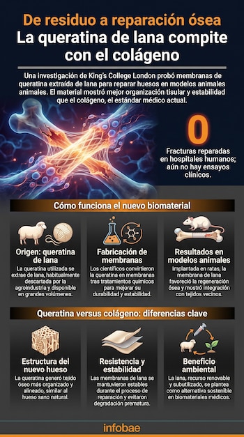 Infografía sobre queratina de lana. Se ven huesos, una oveja, un ovillo de lana, un matraz de laboratorio, un ratón con un hueso, diagramas de tejido óseo.