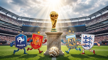 Copa del Mundo de la FIFA en un pedestal, balón de fútbol dorado, escudos animados de Argentina, España, Francia, Inglaterra, estadio con público.