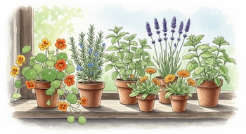 Ilustración en acuarela de seis macetas con capuchina, romero, menta, lavanda, caléndula y citronela sobre un alféizar de madera, con fondo difuminado.