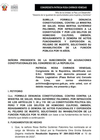 Documento de Patricia Chirinos contra