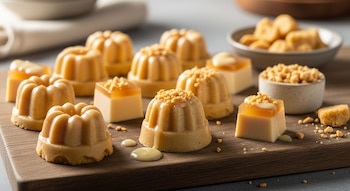 Mini gelatinas de mazapán de diferentes formas sobre una tabla de madera. Algunas están cubiertas con salsa y migas. Un cuenco con mazapán al fondo.