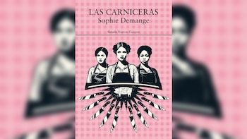 Portada del libro "Las Carniceras" con fondo de cuadros vichy rosa. Ilustra tres mujeres, un cerdo y múltiples cuchillos de cocina
