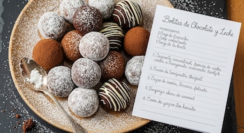 Un plato de madera con bolitas de chocolate y leche, algunas cubiertas con azúcar glas, otras con cacao y otras con glaseado blanco. Una receta está al lado.