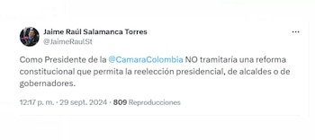 Jaime Raúl Salamanca, presidente de la Cámara, reiteró que no tramitará ninguna reforma para la reelección - crédito @JaimeRaulSt/X
