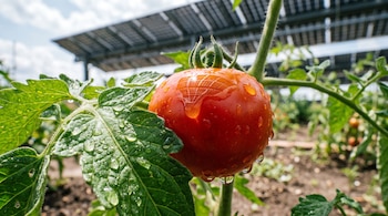 Un tomate rojo con gotas de agua sobre las hojas y la piel, frente a estructuras de paneles solares en el fondo.