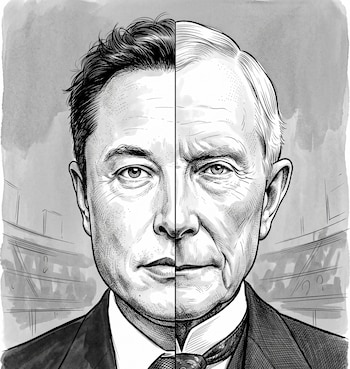 Ilustración en blanco y negro de un rostro masculino dividido verticalmente. La mitad izquierda es un hombre joven (Elon Musk), la derecha un hombre mayor