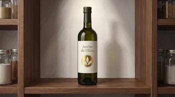 Una botella de vidrio verde oscuro con la etiqueta Aceite de Oliva sobre un estante de madera flanqueado por frascos de vidrio.