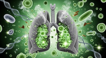 Ilustración de pulmones grises con daño por tabaco, de donde brotan células verdes luminosas, junto a cadenas de ADN, humo y células flotantes.