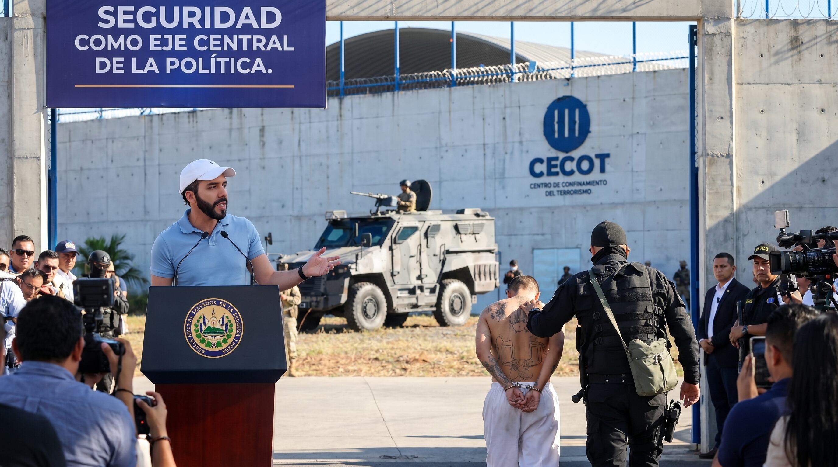 Nayib Bukele, presidente de El Salvador, discursa en el Centro de Confinamiento del Terrorismo (CECOT) mientras un detenido con tatuajes es escoltado, subrayando su estrategia de seguridad. (Imagen Ilustrativa Infobae)