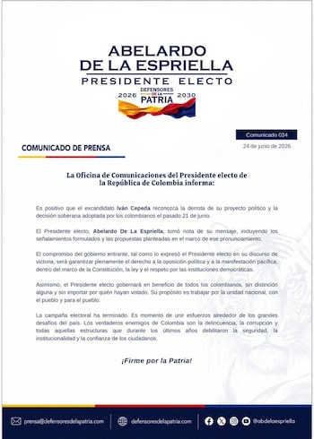La Oficina de Comunicaciones del presidente electo de Colombia, Abelardo de la Espriella, informó que considera positivo que el excandidato presidencial Iván Cepeda haya aceptado los resultados electorales - crédito @defensoresco/X