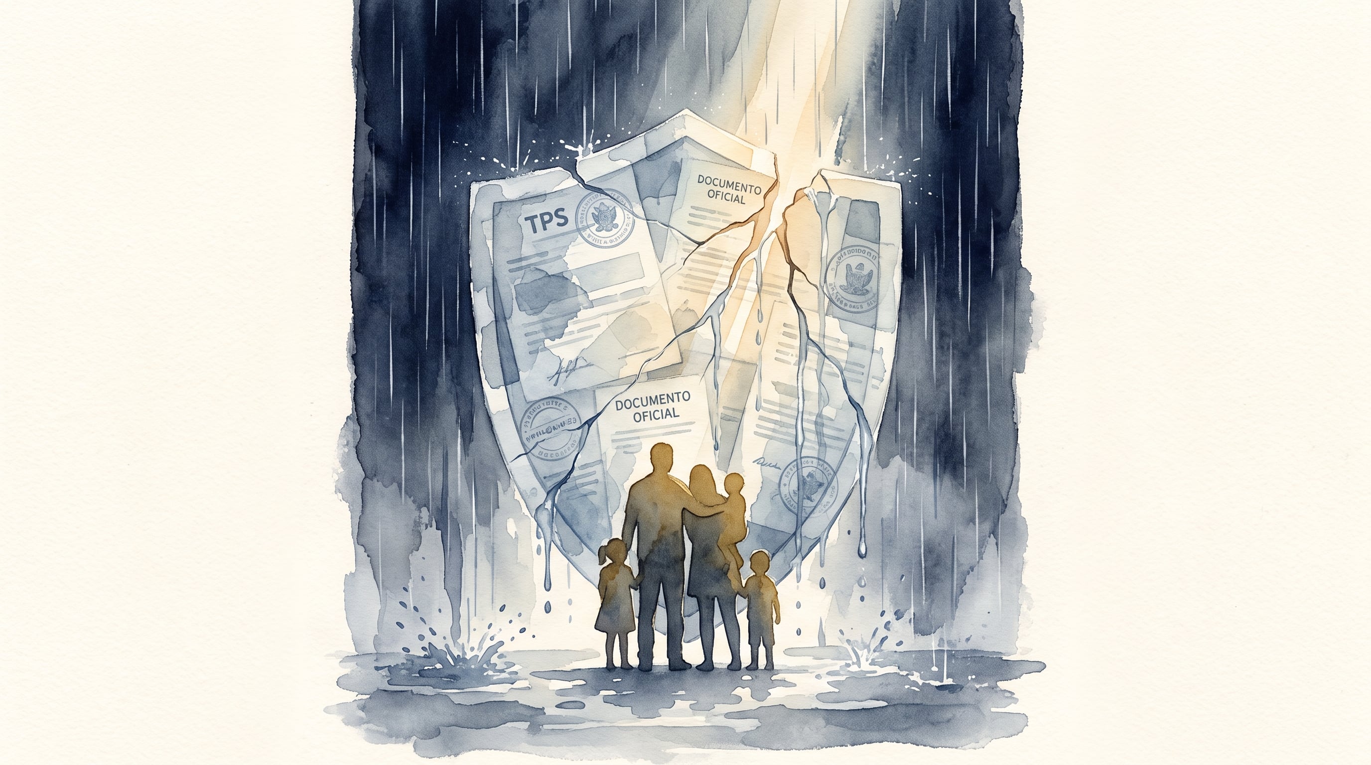 Una familia se resguarda bajo un escudo formado por documentos del TPS que presenta grietas bajo una lluvia intensa. (Imagen Ilustrativa Infobae)