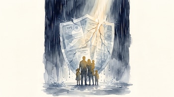 Siluetas de una familia bajo un escudo agrietado compuesto por documentos con las siglas TPS, en medio de una lluvia intensa.