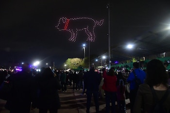 Cielo nocturno con una figura de perro formada por luces blancas y collar rojo. Abajo, personas de espalda observan el espectáculo. Se ven focos y gradas