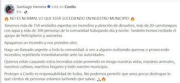 El alcalde Santiago Herrera informó que cuando los equipos controlan un foco de incendio forestal, aparece otro en puntos distantes del municipio - crédito Santiago Herrera / Facebook