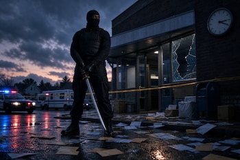 Hombre con pasamontañas y espada en el exterior de una oficina postal con cristales rotos, sobres en el suelo y patrullas de policía.