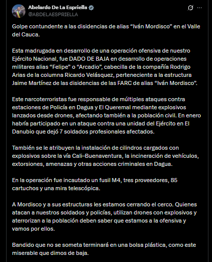 Abelardo de la Espriella aseguró que el cerco sobre alias Iván Mordisco y sus estructuras se estrecha y advirtió que la ofensiva continuará contra quienes atenten contra la fuerza pública y la población - crédito @ABDELAESPRIELLA/X