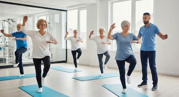 Grupo de cinco adultos mayores y un hombre joven, el instructor, realizando ejercicios de equilibrio de pie sobre colchonetas azules en un gimnasio.