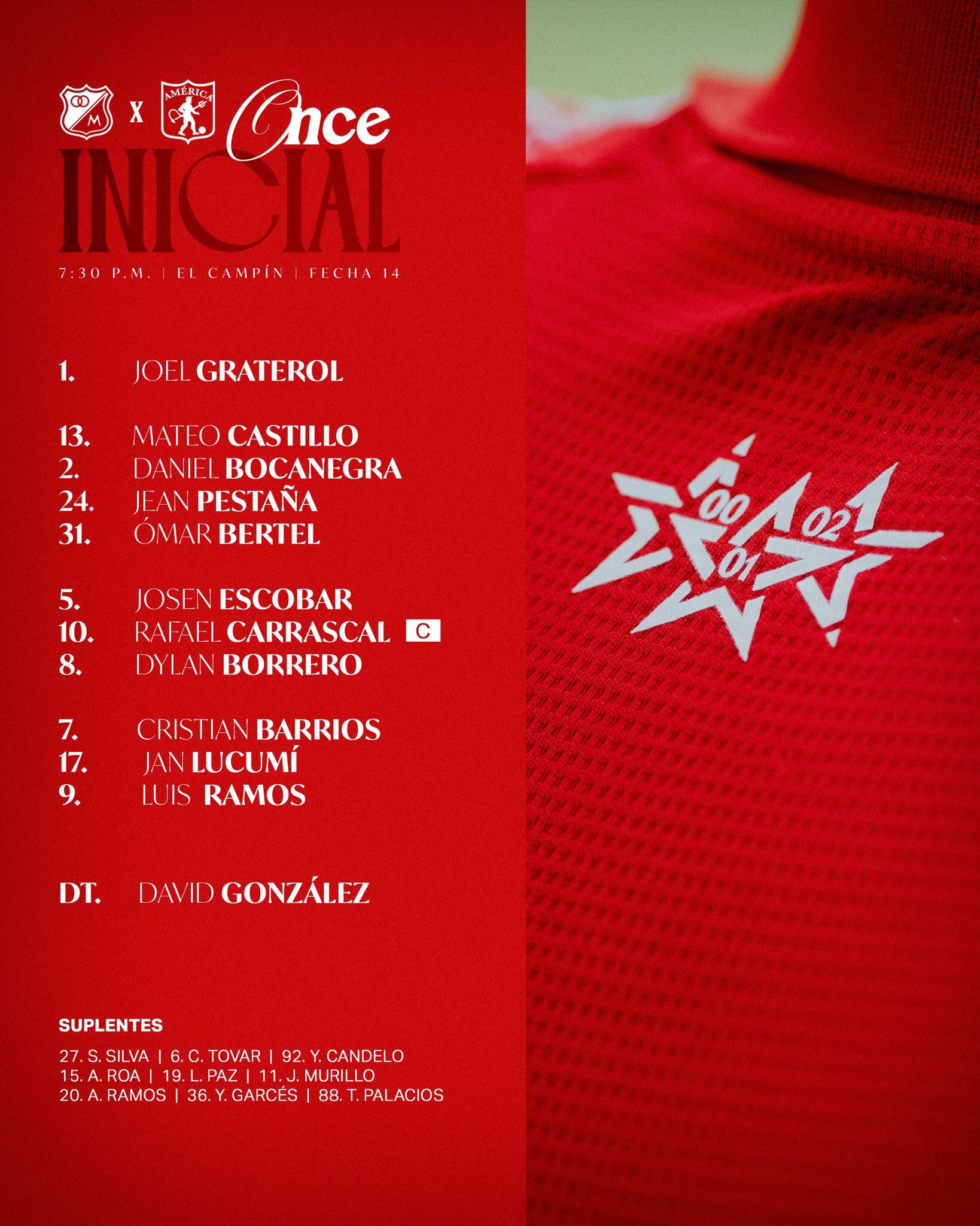 Alineación titular de América de Cali en su visita a Millonarios por la Liga Betplay 2025/II - crédito @AmericadeCali/X