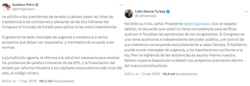 Las declaraciones públicas de Gustavo Petro y Lidio García revelan la disputa sobre las competencias en el control de la asistencia legislativa. - crédito X