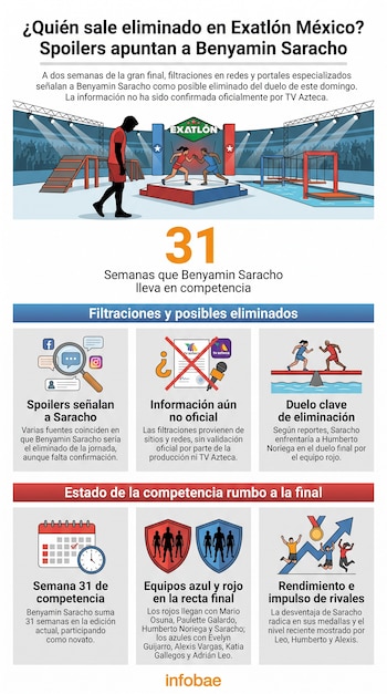 Infografía sobre Exatlón México mostrando una pista de obstáculos con competidores, iconos de redes sociales y TV Azteca, y gráficos sobre el estado de la competencia.