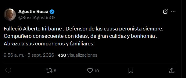 Agustín Rossi despidió en las redes al exministro Alberto Iribarne