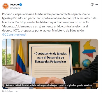 Fecode advierte que el proyecto de reforma educativa permitiría mayor participación privada en colegios oficiales y podría afectar derechos y condiciones laborales docentes - crédito Fecode/X