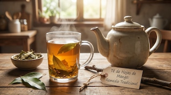 Taza de cristal con té humeante y hojas de mango, una tetera de cerámica y un cuenco con hojas secas sobre una mesa de madera rústica.