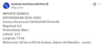 El IGP reportó un sismo de magnitud 5.0 a las 03:44 del 23 de mayo de 2026 - Créditos: @igp_peru.