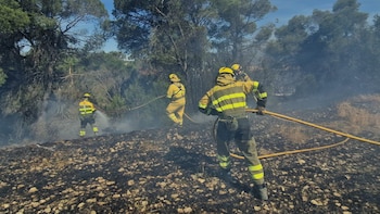 Bomberos trabajan en el incendio de Leciñena, Zaragoza. (INFOAR)