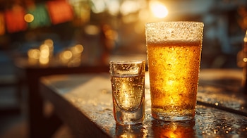 Vaso de cerveza espumosa junto