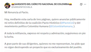 Alexander Chalá renunció a Colombia Humana y al Pacto Histórico el 10 de septiembre de 2026 por una ruptura ética y política con la dirigencia de la coalición - crédito @SARGENTOCHALA/X