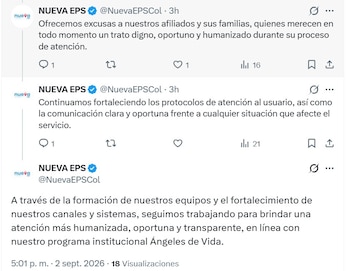 Nueva EPS indicó que revisará los procesos internos relacionados con el trabajador involucrado para determinar las medidas que correspondan de acuerdo con sus protocolos - crédito @NuevaEPSCol/X