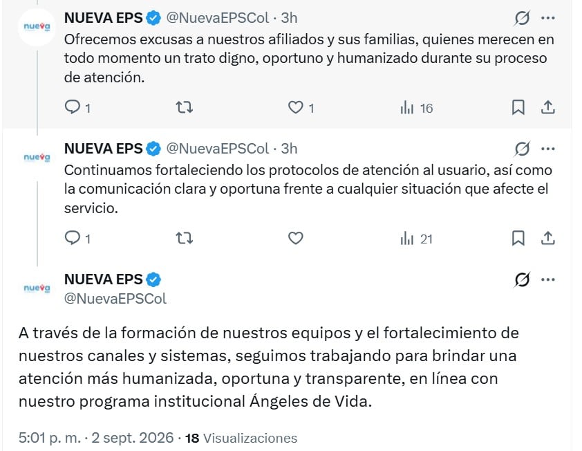 Nueva EPS indicó que revisará los procesos internos relacionados con el trabajador involucrado para determinar las medidas que correspondan de acuerdo con sus protocolos - crédito @NuevaEPSCol/X
