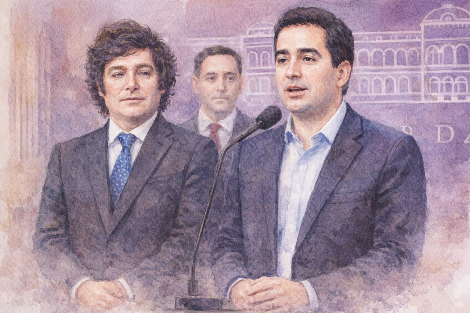 Una acuarela retrata al nuevo vocero Adrián Ravier en un acto oficial con Javier Milei. (Imagen Ilustrativa Infobae)
