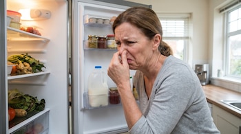Una mujer con cabello castaño, vestida con suéter gris, se tapa la nariz y frunce el ceño frente a un refrigerador abierto con alimentos.
