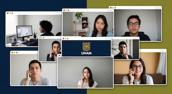 Mosaico digital de pantallas de videollamada superpuestas con jóvenes usando computadoras y celulares en distintos hogares, una ventana muestra el logo de la UNAM.