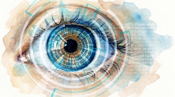Ilustración de acuarela de un ojo humano con iris azul y marrón, superpuesto con datos binarios y anillos digitales, sobre un fondo de manchas sueltas de pintura.