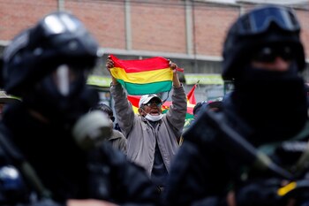 Un manifestante levanta una bandera
