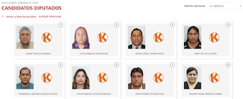 Grid con ocho fotos de candidatos a diputados para Fuerza Popular en La Libertad, cada una junto al logo 'K' naranja. Incluye nombres y números