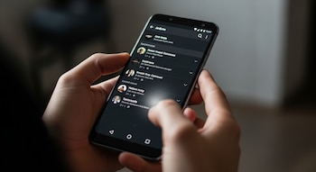 Primer plano de dos manos sosteniendo un celular Android con pantalla activa en modo oscuro, mostrando una lista de contactos o mensajes con texto claro.
